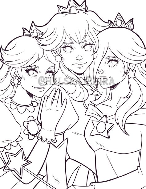 A digital coloring sheet of Princess Peach, Rosalina and Daisy to print off and colour at home! Princess Peach Sketch Art, Princess Daisy Coloring Page, Princess Peach Line Art, Princess Daisy Drawing, Princess Drawing Reference, Princess Peach Sketch, Princess Peach Daisy And Rosalina, Princess Peach Coloring Page, Rosalina Coloring Pages