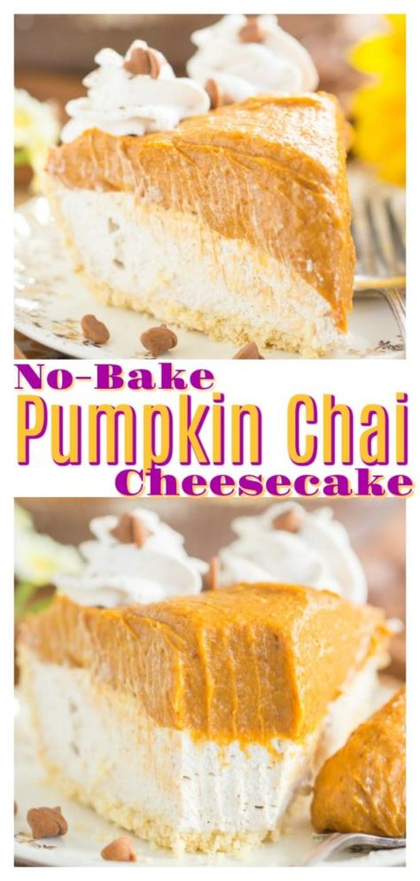 No Bake Pumpkin Pie Cheesecake, Chai Cheesecake, Pumpkin Pie Cheesecake Recipe, Sugar Cookie Cheesecake, No Bake Pumpkin, Cheesecake Layer, Fall Pies, No Bake Pumpkin Cheesecake, Pumpkin Pie Cheesecake