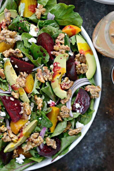 Roasted Beet Salad with Avocado, Goat Cheese, Candied Walnuts and Honey Dijon Vinaigrette - Simply Scratch Avocado Goat Cheese, Goat Cheese And Honey, Cheese And Honey, Salad Quinoa, Beet Salad Recipes, Roasted Beet Salad, Dijon Vinaigrette, Salad With Avocado, Honey Dijon