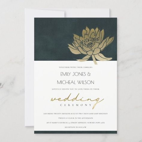 GOLD EMERALD GREEN LOTUS FLORAL WEDDING INVITE Tiana Wedding, Vow Renewal Ceremony, Emerald Green Weddings, Custom Thank You Cards, Green Wedding Invitations, Vow Renewal, Wedding Invite, Floral Wedding Invitations, Green Wedding