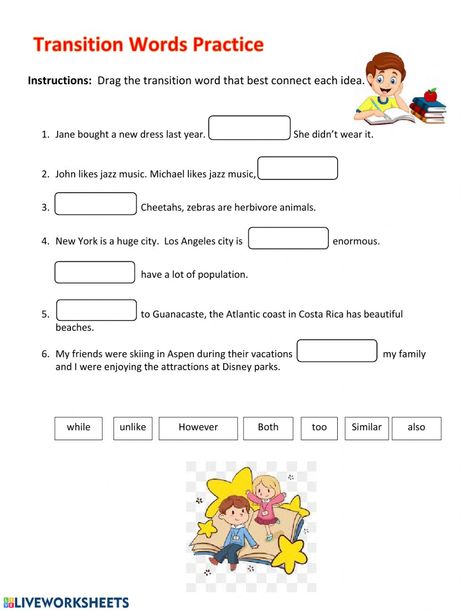 Transition Words Worksheet, Transitional Phrases, Transition Words And Phrases, Transition Activities, Words Worksheet, Ela Worksheets, Phrases And Sentences, Transitional Kindergarten, Transition Words