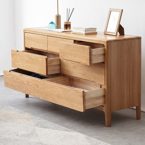 Description: Add elegance and organization to your bedroom with our Brightly collection's 3+4 chest of drawers. Made from premium solid oak, it features dovetail joints and solid oak bases, backs, and runners for durability. Discover our matching Romsey pieces and enjoy convenient delivery options.Dimension:Width: 140cm Height: 76cmDepth: 40cmInformation:Colour: Natural wood / walnut Material: 100% Solid OakFinish: Natural Solid Oak Note:Due to manual measurement and different measurement method Scandi Chest Of Drawers, Wooden Chest Of Drawers Bedroom, Chest Of Drawers Bedroom Modern, Scandi Bedroom, Japandi Bedroom, Chest Of Drawers Bedroom, Modern Chest Of Drawers, Oak Bedroom Furniture, Chest Of Drawer