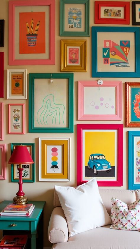 Turn up the nostalgia with a retro-inspired eclectic gallery wall! Bright frames, vintage prints, and playful layouts bring a joyful vibe to family rooms or creative corners. #RetroGalleryWall #EclecticDecorIdeas #FunHomeDecor Kids Room Gallery Wall, Gallery Wall Black Frames, Kids Art Gallery Wall, Eclectic Gallery Wall Ideas, Gallery Wall Ideas Bedroom, Apartment Gallery Wall, Colorful Gallery Wall, Fun Gallery Wall, Vintage Dressing Rooms