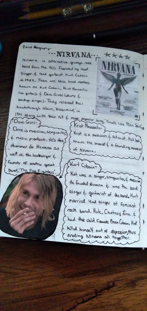 Nirvana Gift Ideas, Nirvana Coloring Pages, Journal Ideas Grunge, Music Journal Pages, Nirvana Receipt, Nirvana Scrapbook, Grunge Journal Pages, Kurt Cobain Handwriting, Kurt Cobain Diary Journals