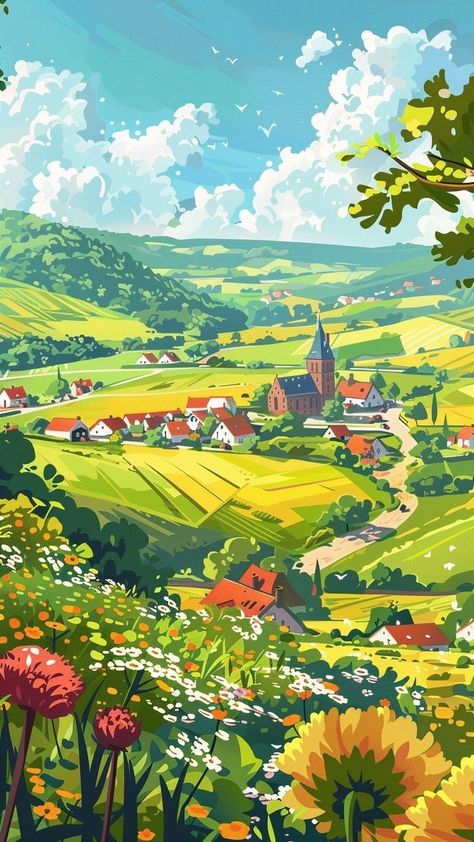 Posca Landscape, Landscape Paintings Village, Village Landscape Painting, Village Illustration, Village Scene Drawing, Village Scenery, Village Drawing, Illustration Reference, Illustration Landscape