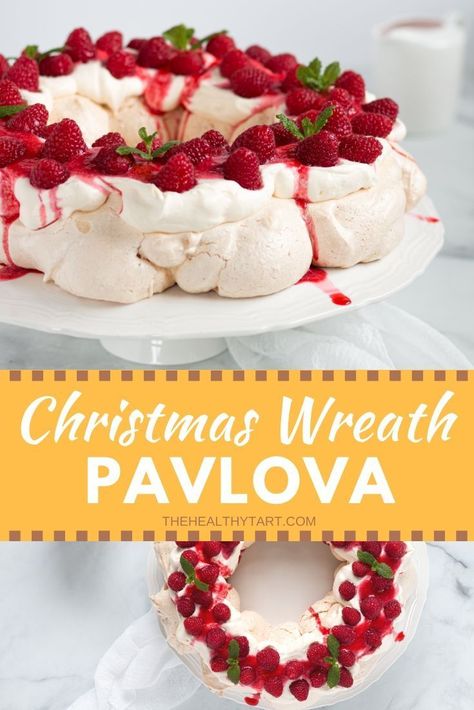 A Christmas wreath pavlova is the perfect make-ahead dessert for your Christmas dinner. It tastes fruity, is crunchy on the outside, but soft and fluffy on the inside. Best of all, it is gluten-free and the base can be prepared 2 days in advance. #christmas #easy #refinedsugarfree Wreath Pavlova, Christmas Pavlova Wreath, Pavlova Wreath, Christmas Pavlova, Meringue Desserts, Sugared Cranberries, Pavlova Recipe, Make Ahead Desserts, Festive Desserts