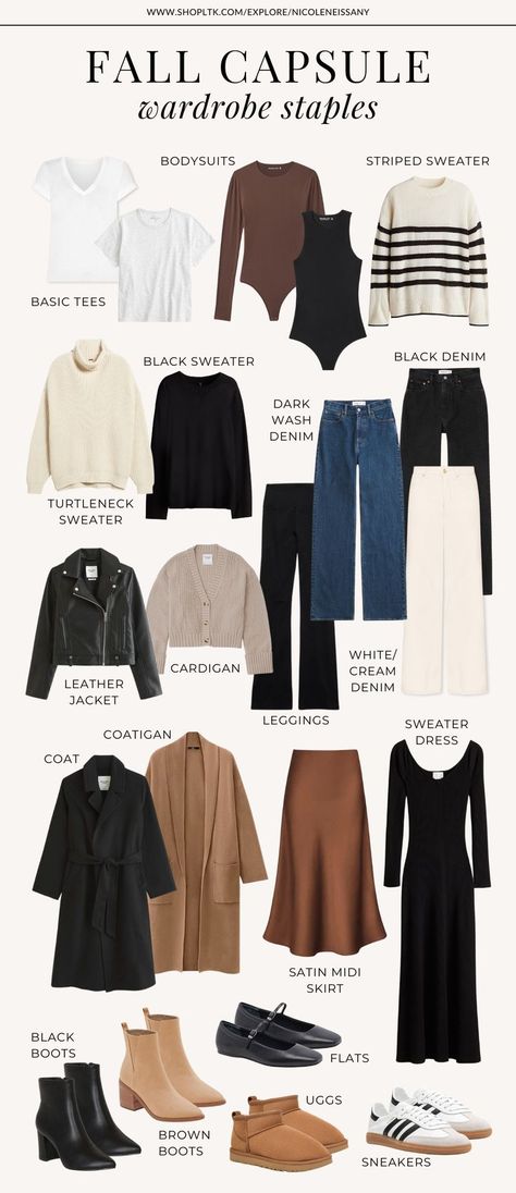 fall capsule wardrobe essentials for casual chic fall outfits for women Casual Chic Fall Outfits, Fall Clothing Essentials, Casual Chic Fall, Capsule Wardrobe Women, Fall Wardrobe Staples, Fall Outfits For Women, Capsule Wardrobe Outfits, Simple Fall Outfits, Chic Fall Outfits