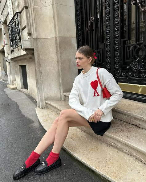 Elodie Romy on Instagram: "In the mood for love ❤️ Sweater Ami stolen from bf Loafers @balzacparis * Socks @calzedonia Skirt @goelia_official * Bag @carven old * produits offerts au fil des saisons . . #redaesthetic #valentinesday❤️ #preppystyle preppy outfit cute red details" Red Socks, Loafers Outfits, Socks And Loafers, Loafers And Socks, Ruffle Outfit, Ruffled Socks, Loafers Outfit, Sock Outfits, Preppy Outfit