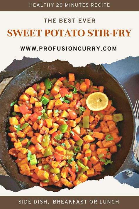 Colorful sweet potato hash Stir Fry With Sweet Potatoes, Sweet Potato Stir Fry Healthy, Sweet Potato Savory Recipes, Sweet Potato Stir Fry Recipes, Stir Fry Sweet Potato, Potato Stir Fry, Sweet Potato Stir Fry, Savory Sweet Potato Recipes, Savory Sweet Potato