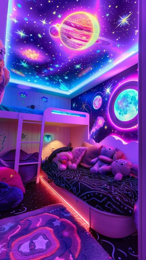 Cosmic bedroom decor for kids featuring a glowing nebula, twinkling stars, and vibrant planets, creating a stellar sanctuary for young explorers to dream and play in an otherworldly atmosphere. Cosmic Bedroom, Bedroom Decor For Kids, Twinkling Stars, Twinkle Star, Kid Room, The Cosmos, Kids Bedroom Decor, Twinkle Twinkle, The Universe