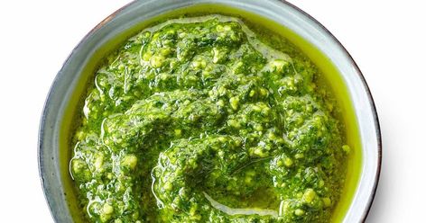 Garlic Scapes Pesto recipe | Chatelaine - Chatelaine Mojo Verde, Pasta Entrees, Ramp Pesto, Pesto Dishes, Garlic Scape Pesto, Chimichurri Sauce Recipe, Sauce Pesto, Chimichurri Recipe, Garlic Scapes