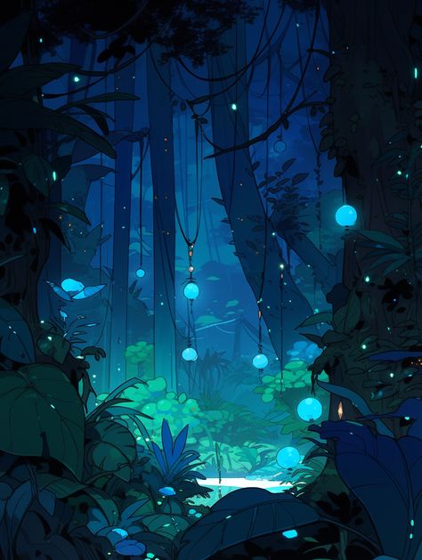 Beautiful Night Drawing, Nighttime Lighting Reference, Background Refrence Images, Forest At Night Art, Forest At Night Illustration, Night Forest Concept Art, Night Forest Drawing, Forest Reference Drawing, 2d Art Illustration