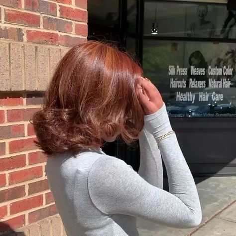 Curled Silk Press Natural Hair Short, Light Brown And Copper Balayage, Short Silk Press Natural Hair Styles, Brown Ginger Hair, Black Women Hair Color Ideas, Cherry Blonde, Short Dyed Hair, Pressed Natural Hair, Silk Press Natural Hair