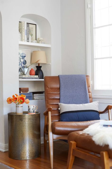 How To Style A Reading Nook Book Nook Ideas, Emily Henderson Design, Corner Nook, Living Room Reveal, A Reading Nook, Corner Space, Nook Ideas, Emily Henderson, Lounge Chair Design