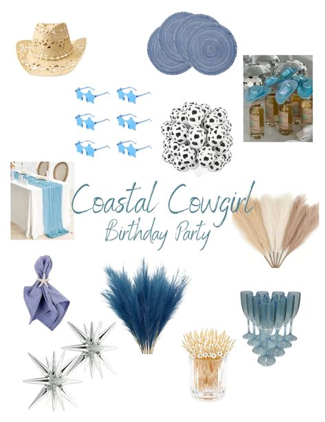 here are some decoration ideas for a coastal cowgirl themed birthday party! 🐚💙🤠🐄🦪🌊 Coastal Cowgirl Pool Party, Coastal Cowgirl Birthday Theme, Costal Birthday Ideas, Blue Cowgirl Party, Coastal Cowgirl Theme, Cowgirl Birthday Party Theme, Coastal Cowgirl Birthday, Coastal Cowgirl Party, Cowgirl Themed Birthday Party