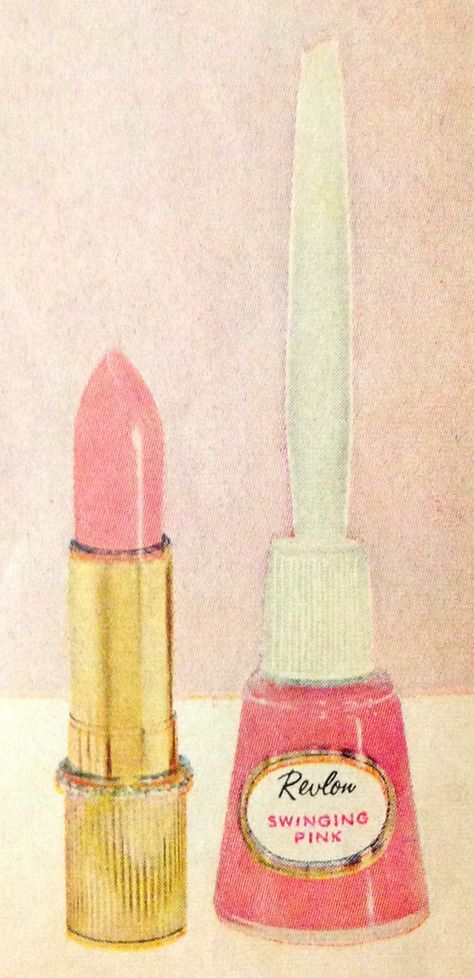 Revlon 'Swinging Pink' Lipstick & Nail Enamel, 1962 Makeup Products Illustration, 1960s Lipstick, 60s Lipstick, Lipstick Vintage, Vintage Makeup Ads, Lipstick Nail, Vintage Lipstick, Revlon Lipstick, Makeup Ads