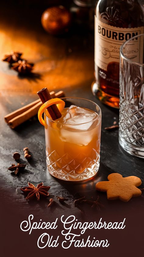 Vintage-inspired cocktail with gingerbread old fashioned in rocks glass garnished with cinnamon and orange peel, warm lighting, whole spices, bourbon bottle, crystal glass, gingerbread cookie on dark wooden bar. Gingerbread Old Fashioned Cocktail, Cozy Hot Drinks, Energizing Smoothies, Gingerbread Syrup, Orange Slice, Festive Cocktails, Classic Cocktail, Old Fashioned Cocktail, Perfect Cocktails