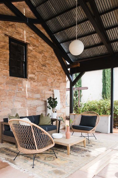 Patio Overhaul Reveal!! • Vintage Revivals Creating a functional outdoor space with modern boho outdoor furniture.  #patio #outdoorfurniture Dark Couch, Gray Desk, Chair Comfy, Chair Art, Grey Lounge Chair, Bucket Chairs, Boho Patio, Chair Desk, Rattan Outdoor