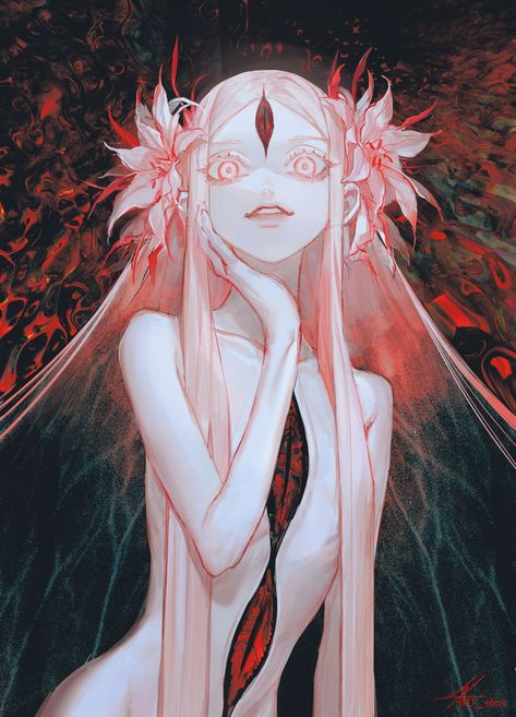 Japanese Priestess Character Design, Pink Character Design, Fantasy Monster Art, Demon Oc Art, Flower Character, Long Painting, Uncanny Valley, Anime Devil, Anime Monsters