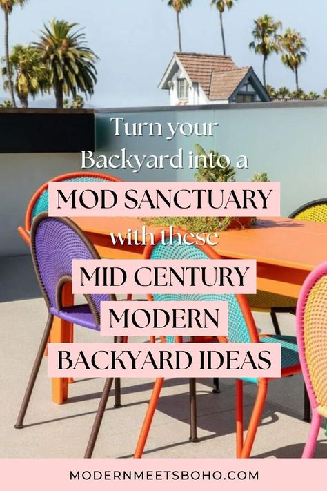 Turn your backyard into a mod sanctuary with these Mid Century Modern backyard ideas. Embrace the timeless appeal of clean lines, high-quality materials, and a focus on nature, like a Mid century modern garden, to create a functional and beautiful mid century outdoor space. Mid Century Scandinavian Living Rooms, Modern 70s Home, Mid Century Backyard, Modern Backyard Ideas, Mid Century Modern Backyard, Mid Century Modern Garden, Mid Century Outdoor, Bohemian Backyard, Mid Century Living Room