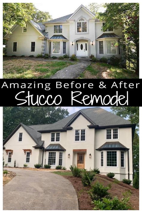 Stucco Exterior Makeover, Stucco Exterior Colors, Modern Mountain Home Exterior, Stucco House Colors, White Stucco House, Stucco And Stone Exterior, Stucco House, Stucco Colors, Mountain Home Exterior