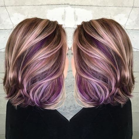 Balayage Bangs, Purple Peekaboo Hair, Peekaboo Hair Colors, Purple Hair Highlights, Peekaboo Color, Underlights Hair, Peekaboo Highlights, Peekaboo Hair, Purple Highlights