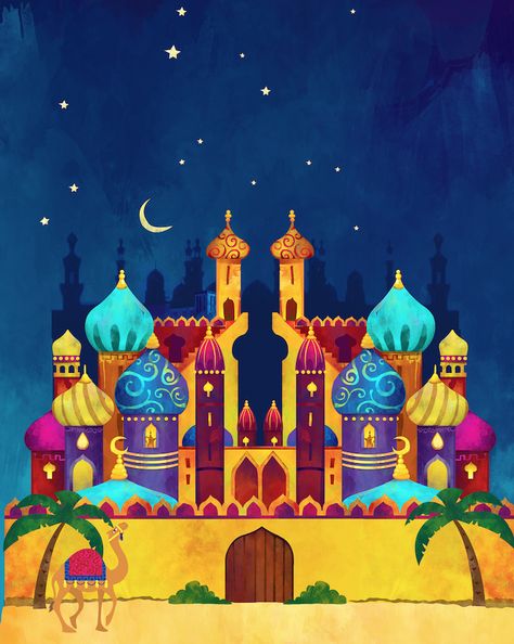 Arabic Castle Art, Arabian Nights Painting, Fanos Ramadan, Arabian Nights Art, Arabian Nights Illustration, Arabian Illustration, Eid Illustration, Arabian Design, Arabian Nights Aesthetic