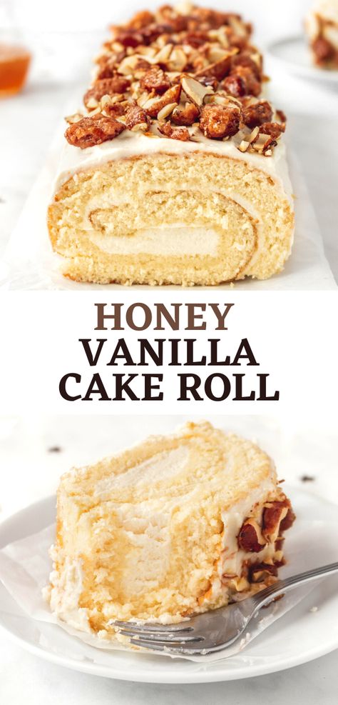 Honey Vanilla Cake Roll Honey Swiss Roll Cake, Honey Roll Cake, Fall Swiss Roll Cake, Cake Roll Flavors, Homemade Swiss Rolls, Christmas Rolls Dessert, Vanilla Swiss Roll Cake, Lemon Swiss Roll Cake, Jelly Roll Recipes