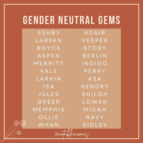 I love a gender neutral name! I'm not sure what it is about them, but I'm constantly drawn to them. I'll see a name I like, find out it's gender neutral and then fall in love a little bit more. Could it be that they always have such a cool vibe? It's quite possible. Check out these stunning gender neutral names! Which one would you add to your name list? #names #genderneutralnames #babynames #babynameinspo #babynameideas #babynamesuggestions #babyname #babynameinspiration Gender Neutral Names List, Unisex Names Gender Neutral, Fall Names, Neutral Names, Character Creating, M Names, Writing Planning, Writing Inspiration Tips, Unisex Name