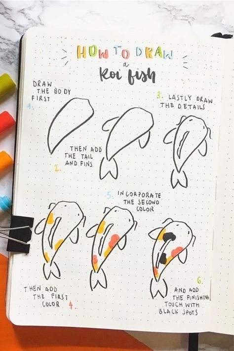 20+ best animal bullet journal DOODLES with step by step tutorials #bujo #bulletjournal #bujodoodle #doodles Koi Fish Tutorial, Arrows Wallpaper, Koi Fishes, Koi Fish Drawing, خريطة ذهنية, Animal Doodles, Bullet Journal Mood, Bullet Journal Aesthetic, Bullet Journal Notebook