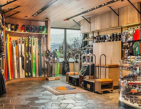 best-ski-shops-in-america-gear-patrol-caldera-house Ski Shop Interior, Ski Gear Storage Garage, Snowmobile Gear Storage, Ski Retail Store Design, Snowboard Display, Backcountry Skiing Gear, Ski Store, Ski Locker, Aspen Ski