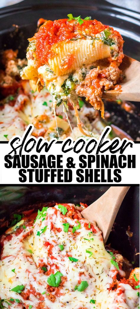 Slow Cooker Stuffed Shells with Sausage and Spinach is an easy crockpot meal. Jumbo shells filled with a cheesy spinach mixture and then topped with a browned sausage (or ground beef!) sauce is an easy, comforting family favorite. Slow Cooker Stuffed Shells, Sausage And Spinach Stuffed Shells, Stuffed Shells With Sausage, Ground Beef Sauce, Chili Breakfast, Jumbo Shells, Maple Dressing, Slow Cooker Sausage, Sausage And Spinach