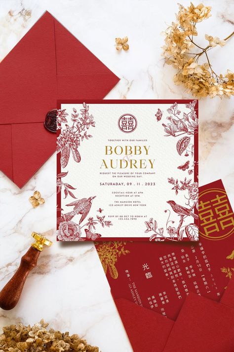 Chinoiserie Wedding Invitation Card Template, Asian Chinese Wedding Card DIY Printable Double Happiness 结婚请柬 Oriental Red Gold Love Birds https://etsy.me/3QKSk3D #redchinoiserie #chinoiserieinvite #chineseinvitation #asianinvitation #chineseweddingcard #asianwedding Chinese Engagement Invitation, Sangjit Invitation Design, Red Gold Wedding Invitations, Chinese Invitation Card, Red Invitation Card, Wedding Invitations Chinese, Red Gold Invitation, Creative Wedding Card, Chinoiserie Wedding Invitation