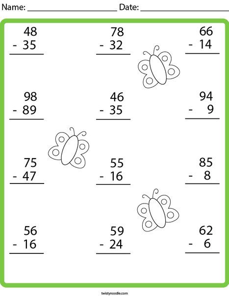 Butterfly Subtraction Math Worksheet - Twisty Noodle Addition 2 Digits With Regrouping, Addition Two Digits Worksheet, 2 Digits Addition, 2 Digit Addition With Regrouping, Addition With Regrouping Worksheets, Math Helper, Holiday Math Worksheets, Addition With Regrouping, Reading Recovery