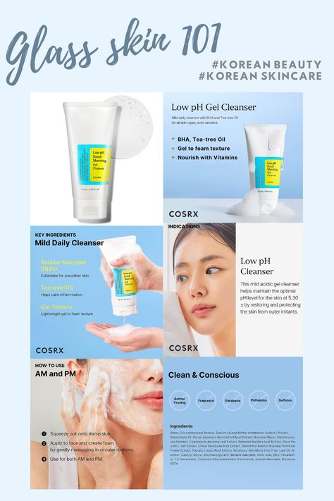 Daily cleanser (face + body), pH balanced, tea-tree oil, and BHA to soothe and strengthen for luminous and clear skin! #dailycleanswer #vegan, clean #glass skin secrets #koreanbeauty #koreanskincare Good Morning Gel Cleanser, Cosrx Low Ph, Vegan Clean, Face Products, Skin Secrets, Gel Cleanser, Smoother Skin, Glass Skin, Tree Oil