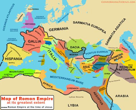 The Roman Empire was at its greatest extent and at the height of its power around 116 A.D. under Emperor Trajan. The Western Roman Empire officially lasted until 476 A.D. when Odoacer deposed the last emperor, and the Eastern Roman Empire, sometimes referred to as the Byzantine Empire, continued to exist for an additional thousand years until it fell to the Ottoman Turks in 1453 A.D. Roman Empire Map, Bible Mapping, Roman Britain, Geography Map, Holy Roman Empire, Classical Antiquity, The Roman Empire, Byzantine Empire, Age Of Empires