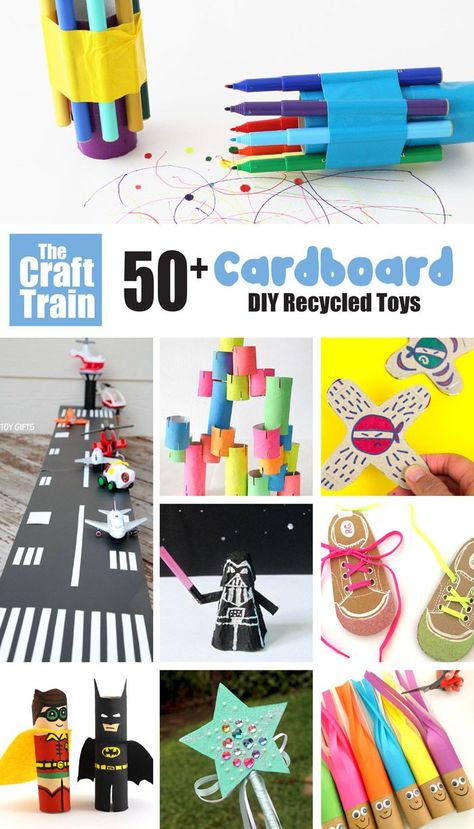 Homemade cardboard toys for kids to make and play with. TONS of ideas from vehicles to cubbies, dolls, pretend play props, games and more. Make your own fun from recycled junk, reduce waste, keep the kids busy and get creative at the same time!  #diytoys #kidscrafts #handmadetoys #handmadegifts #kidscrafts #kidsactivities #cardboard #cardboardcrafts #recycledcrafts #thecrafttrain Diy Recycled Toys, Toys For Kids To Make, Easy Diy Toys, Easy Kids Sewing Projects, Boys Toy Box, Kindness Club, Diy Cardboard Toys, Recycled Toys, Makerspace Ideas