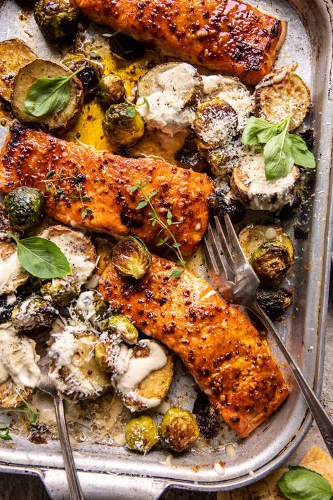 Honey Mustard Salmon with Caesar Roasted Potatoes Salmon And Roasted Potatoes, Meals With Roasted Potatoes, Half Baked Harvest Salmon, Sheet Pan Honey Mustard Salmon, Salmon Sheet Pan Dinner, Salmon And Potatoes, Sheet Meals, Salmon Dinner Ideas, Sheet Pan Salmon