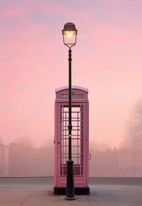 A pink telephone booth and street light, reflecting a style of light pink and light gray, crafting a scene that is a detailed, enchanting blend of maximalist, captivating, and berrypunk, inviting viewers into a world where every hue and delicate marking whispers a story of vibrant and enchanting urban adventures. Pink Telephone Booth, Pink Telephone, Enchanting Aesthetic, Vibrant Aesthetic, Iphone Macbook, Dorm Wall Art, Telephone Booth, Dorm Walls, Street Light