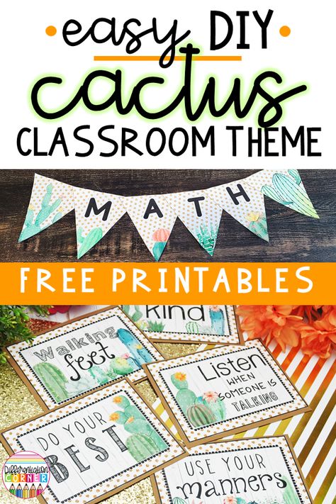 Easy DIY Cactus Classroom Theme Ideas - Differentiation Corner Preschool Cactus Theme, Classroom Cactus Decor, Desert Theme Classroom Decorations, Classroom Decor Cactus, Classroom Cactus Theme, Woof Of The Week Classroom, Boho Cactus Classroom, Cactus Themed Classroom, Cactus Bulletin Board Ideas