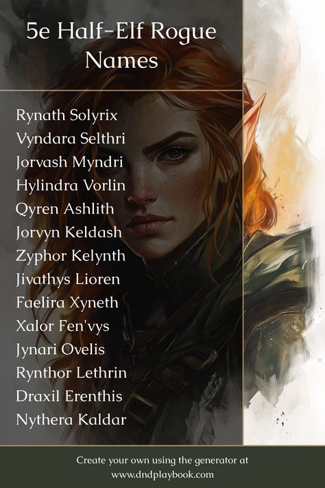 Half-Elf Rogues combine elven dexterity with human resourcefulness. These characters excel in stealth and deception, making them perfect for tasks requiring precision and subtlety. Types Of Dnd Characters, Dnd Group Names, Dnd Last Names, Mythical Female Names, Half Elf Names, Orc Names, Half Elf Rogue, Dnd Rogue, 5e Races