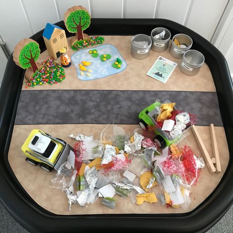 The construction play mat was a great choice to create a recycling centre. By adding in a selection of different materials, forceps and sorting pots…this activity is a great one for sorting and fine motor skills. Its also a great introduction to the importance of recycling too. ♻️🌳🌍💚 #recycle #recycling #finemotorskills #playmat #tufftray #theplaymatshop #playmatplay Recycling Role Play Area, Recycle Week Activities, Recycling Tuff Tray Ideas, Recycling Week Activities Toddlers, Recycling Tuff Tray, Recycling Projects For Preschool, Recycling Eyfs, Recycling Preschool, Tuff Table