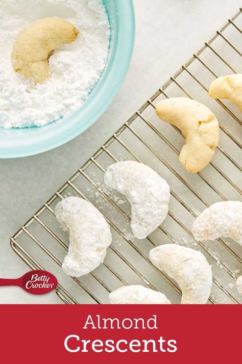 A melt-in-your-mouth buttery cookie that's coated with powdered sugar and is made with a Betty Crocker™  cookie mix. Check it out! Betty Crocker Cookie Mix Recipes, Betty Crocker Sugar Cookie Mix Ideas, Betty Crocker Sugar Cookie Mix Hacks, Betty Crocker Sugar Cookie Mix Recipes, Sugar Cookie Mix Hacks, Betty Crocker Sugar Cookie Recipe, Betty Crocker Sugar Cookie, Almond Crescents, Betty Crocker Sugar Cookie Mix