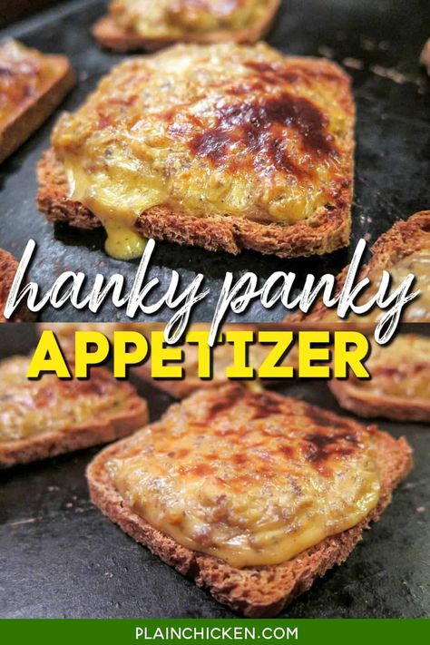 Hanky Panky Appetizer - Sausage & Cheese on Party Rye Bread – SUPER simple to make and tastes great! Sausage, Velveeta, garlic powder, and Worcestershire sauce baked on top of party rye bread. This is our GO-TO appetizer recipe for snacks for parties, game days, and holiday mornings! You can make these party bread in advance and freeze them for later. Gameday Breakfast, Hanky Panky Recipe, Appetizer Sausage, Rye Bread Sandwiches, Plain Chicken Recipe, Party Bread, Sausage Appetizers, Football Friday, Rye Bread Recipes