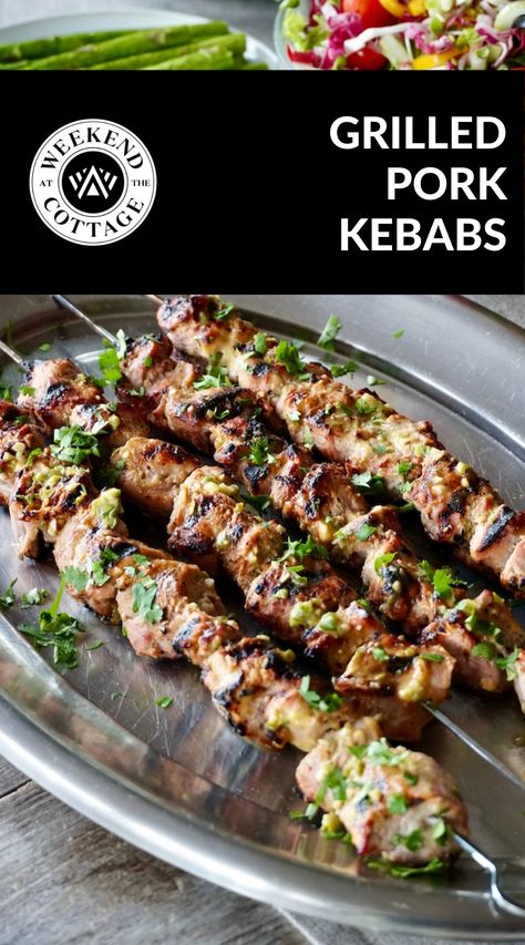 Grilled Pork Kebabs with Honey-Dijon Marinade - Weekend at the Cottage Pork Kebab Marinade, Pork Kebabs On The Grill, Bbq Entrees, Pork Tenderloin Bbq, Marinade Pork, Desserts To Go, Summer Bbq Ideas, Loin Roast Recipes, Pork Kebabs