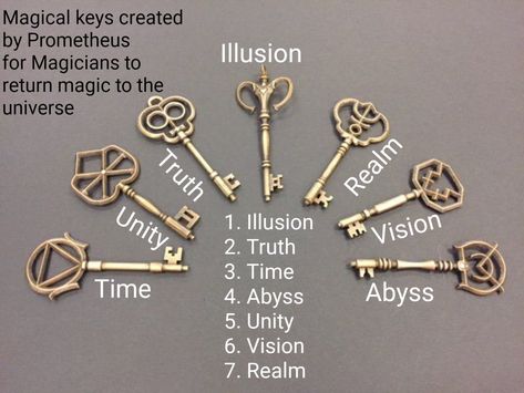 The 7 Golden Keys given by Prometheus to allow humans to bring magic back to the world Key Designs, Fillory The Magicians Tattoo, The Magicians Tattoo Ideas, Key Magic, Locksmith Aesthetic, Fantasy Key, Magical Things, Magical Key, Golden Magic