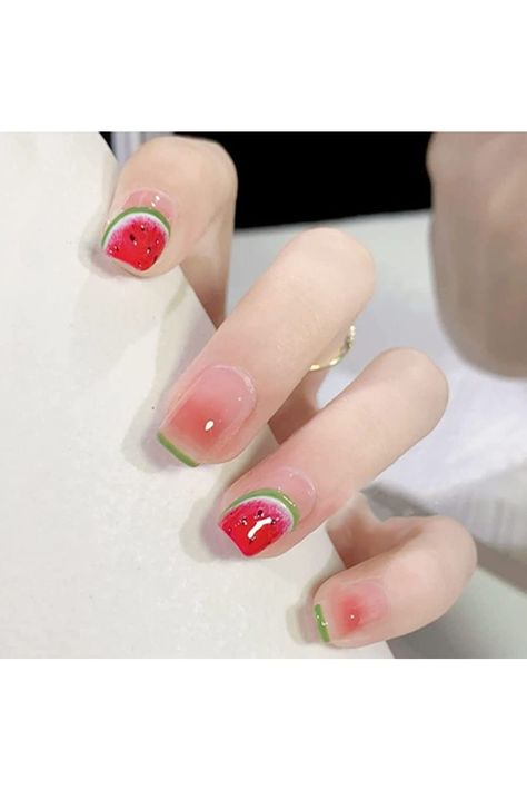 Watermelon Press on Nails Short Square Fake Nails Summer Fruit Design Acrylic Full Cover False Nails Detachable Nail Tips French Glossy Artificial Nails Stick on Nails for Women Manicure Tips 24Pcs Short Round Nails, Frozen Watermelon, Toe Nail Color, Press On Nails Short, Manicure Tips, Nail Art Set, Coffin Press On Nails, Nails For Women, Beautiful Nail Designs