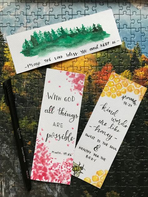 Cute Bible Verse Bookmarks, Book Marks Bible, Watercolor Bookmarks Bible Verse, Watercolour Bookmarks Quotes, Handmade Bible Verse Cards, Bookmark Painting Ideas With Quotes, Christian Watercolor Bookmarks, Christian Book Mark Ideas, Watercolor Bible Bookmarks