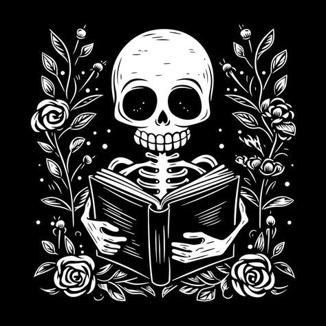 Drawing Pro, Book Black And White, Skeleton Reading, Phone Widgets, Black And White Books, Gothic Books, Black And White Roses, Book Stickers, Reading A Book