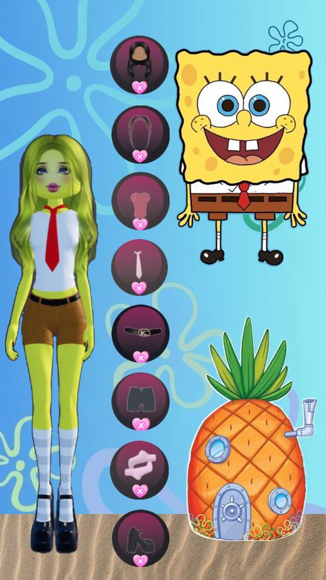 What SpongeBob looks like in dress to impress and the items  used and a picture of SpongeBob in the cartoon Spongebob Dress, Bobs Outfit, Spongebob Outfit, Max Dress, Aesthetic Roblox Royale High Outfits, Dress To Impress, Halloween